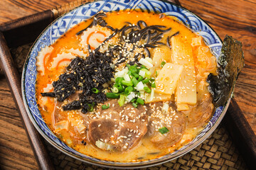 Miso Ramen Asian noodles with，  Fried noodles with cuttlefish sauce