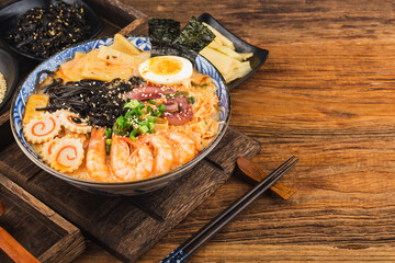 Miso Ramen Asian noodles with，  Fried noodles with cuttlefish sauce