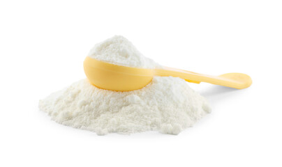 Powdered infant formula and measuring scoop on white background. Baby milk