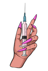 Hand with syringe beauty injection plastic surgery procedure illustration