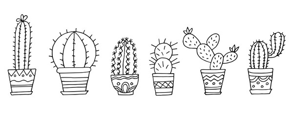 Collection of cacti in pots. Houseplants. Set with cacti. Thorns. Plant. Cactus. Vector. Doodle. Hand-drawn illustration. Silhouette. Black and white outline. Coloring.