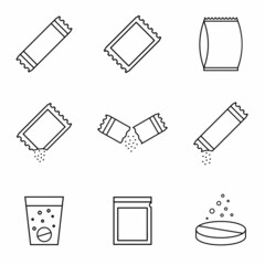 Set of sachet line icons on white background. Icons of sugar powder packet, soluble pill, effervescent effect outline pictogram for medicine. Signs and symbol for websites, web design, mobile app.