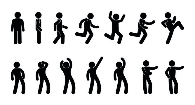 icon man, stick figure people, stickman walks, stands and runs, set of human silhouettes, vector illustration