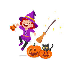 cute little girl celebrate halloween wear witch costume