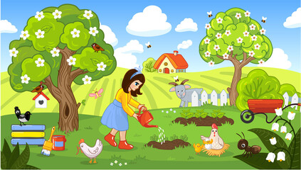 Spring. Farm. Seasons of the year. Spring landscape. The girl waters the crops in the garden, is engaged in agriculture. Vector illustration for children, cartoon Cute farm animals. The trees bloom