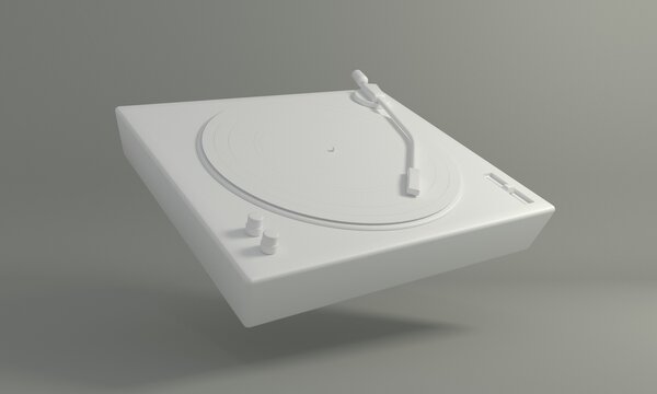 Vintage vinyl record white on dj turntable on grey background. Retro sound technology concept to play music. Minimal style