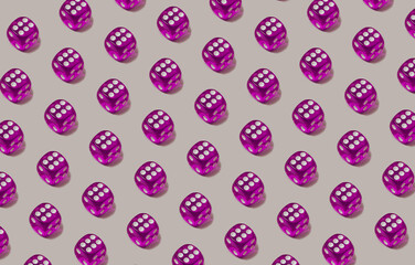 Trendy seamless pattern made with purple play dice on a pastel gray background. Lucky chance and gambling game backdrop.