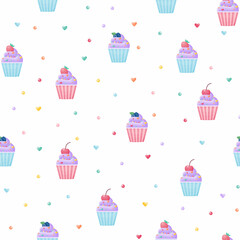 Seamless pattern with cute cupcakes with strawberries , strawberries, blueberries and cherries on a white background. Vector illustration for wrapping paper, decoration of holidays and birthdays.