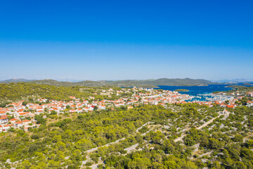 Town of Jezera, Murter island archipelago, Dalmatia, Croatia, aerial view