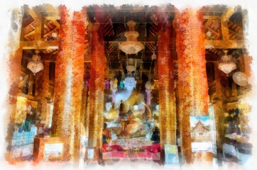 Fototapeta premium Ancient architecture of northern thailand watercolor style illustration impressionist painting.