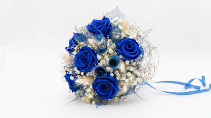 Wedding bouquet made of blue roses isolated on a white background