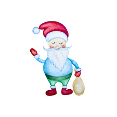 Cute Santa Claus with a bag. Christmas watercolor illustrations.