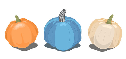 Vector clipart of three pumpkins: orange, blue and beige with shadows that can be removed. Can be used for icons, to decorate packaging or create ornaments