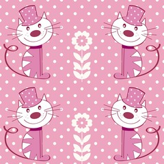 Pink white cartoon tile with flowers and cats..Seamless baby pattern for print as a background.