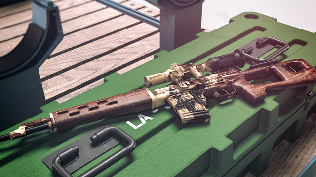 3d render of a sniper rifle on an ammunition crate