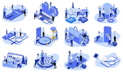 Targeting,recruitment, time management,Web development,teamwork, online payments.A set of isometric icons vector illustrations on the topic of business and technology.