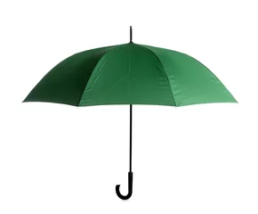Fotobehang Stylish open green umbrella isolated on white © New Africa