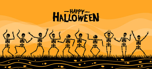 Halloween vector design with skeleton silhouette on orange background for poster, invitation, banner and celebration event