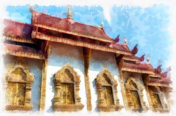 Naklejka premium Ancient architecture of northern thailand watercolor style illustration impressionist painting.