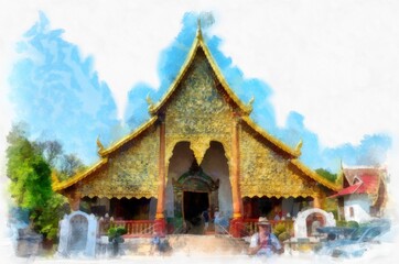 Obraz premium Ancient architecture of northern thailand watercolor style illustration impressionist painting.