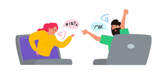 Obraz premium man and woman screaming quarrel conflict cyber bullying from laptops internet social media vector illustration
