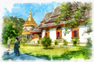 Fototapeta premium Ancient architecture of northern thailand watercolor style illustration impressionist painting.