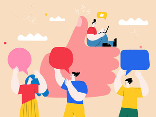 Review, rating and positive feedback, customer reviews, customer satisfaction, recommendations flat vector illustration. People give positive rating and feedback. Customer choice concept