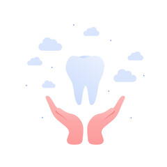 Dental clinic concept. Vector flar healthcare illustration. Human hand hold tooth isolated on white sky background. Design for oral health care