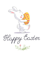 Easter congratulation card with cute white bunny, holiday hand written congratulation and Easter egg isolated. Vector flat hand drawn cartoon illustration. For prints, banners, invitations, packaging.