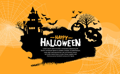 Halloween vector design with pumpkin, spooky house silhouette on orange background for poster, invitation, banner and celebration event