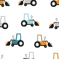 Vector hand-drawn seamless repeating children simple pattern with cars in Scandinavian style on a white background.Kids seamless pattern with building equipment. Funny construction transport