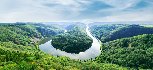 panoramic of Saarschleife - Saar river loop in Saarland, Germany. landmarks, travel guide and postcard. landscape banner - obrazy, fototapety, plakaty