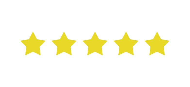 Rating sticker icon with five gold stars on a white background. Flat design. White background. Isolated vector icon. Vector gold background. Vector graphics.