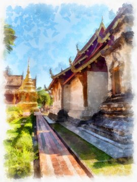 Ancient architecture of northern thailand watercolor style illustration impressionist painting.