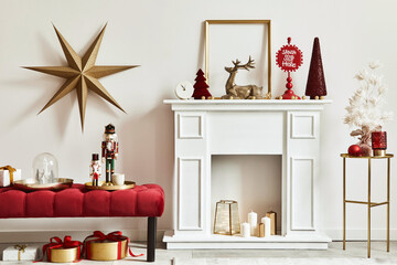 Christmas composition with decoration, christmas tree, gifts, snow and accessories in cozy home...