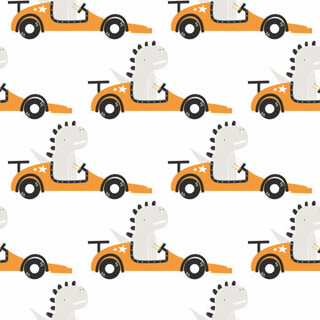 Vector hand-drawn seamless childish pattern with cute funny dinosaur rides in a racing car on a white background. Kids texture for fabric, wrapping, textile, wallpaper, apparel. Scandinavian design.