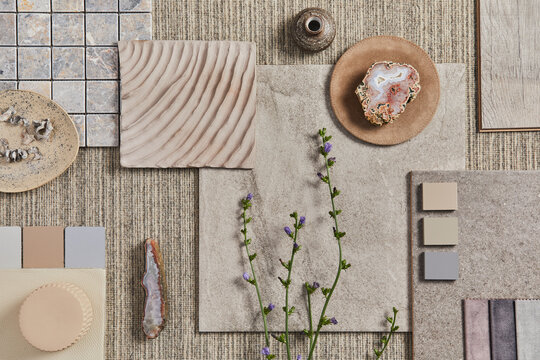 Flat lay of creative design of beige architect moodboard composition with samples of building, neutral textile and natural materials and personal accessories. Top view, template.