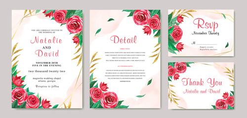 Fototapeta na wymiar Watercolor wedding invitation card set with red rose and leaves 