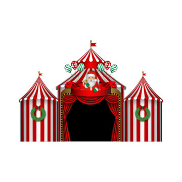 Christmas circus with santa claus, wreaths and balloons