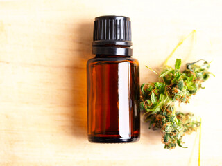 cannabis cbd oil bottle and medical marijuana hemp