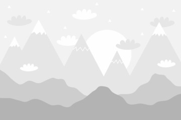 Vector color children hand drawn doodle mountain illustration in scandinavian style. Mountain landscape, clouds. Children's wallpaper. Mountainscape, children's room design, wall decor. © ZHUKO