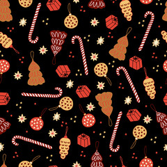 Christmas gingerbread cookies and pastries in the form of fir trees and Christmas balls striped lollipops canes and stars vector seamless pattern. Isolated sweets for the new year. Winter background