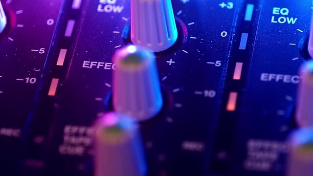 Portative cassette tape studio mixer. Long panorama from left to right.