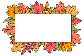 Rectangular Frame, border of autumn fallen leaves. Doodles. Place for an inscription, copy space.  Template for postcard, invitation, flyer, advertisement. Vector illustration in modern flat style