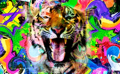Foto auf Acrylglas Colorful artistic tiger muzzle with bright paint splatters © reznik_val