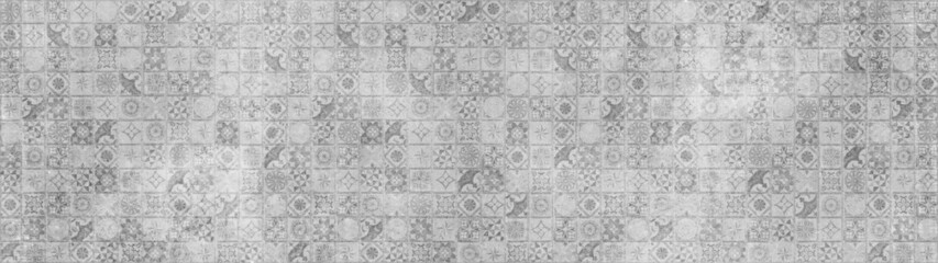Fototapeta na wymiar Gray white bright vintage retro geometric square mosaic motif cement tiles texture background banner panorama