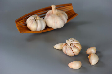 Garlic clove and bulb  on gray background.