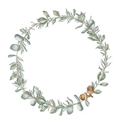 Watercolor illustration of a wreath with winter plants and berries.