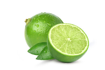 Natural  fresh lime with cut in half and water droplets  isolated on white background.