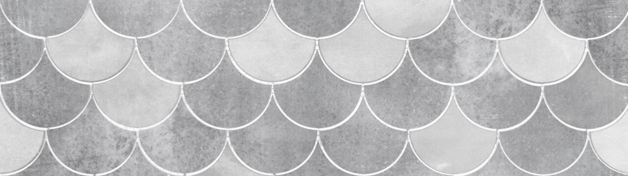 white gray grey concrete cement vintage Fish scale tiles texture background banner panorama.